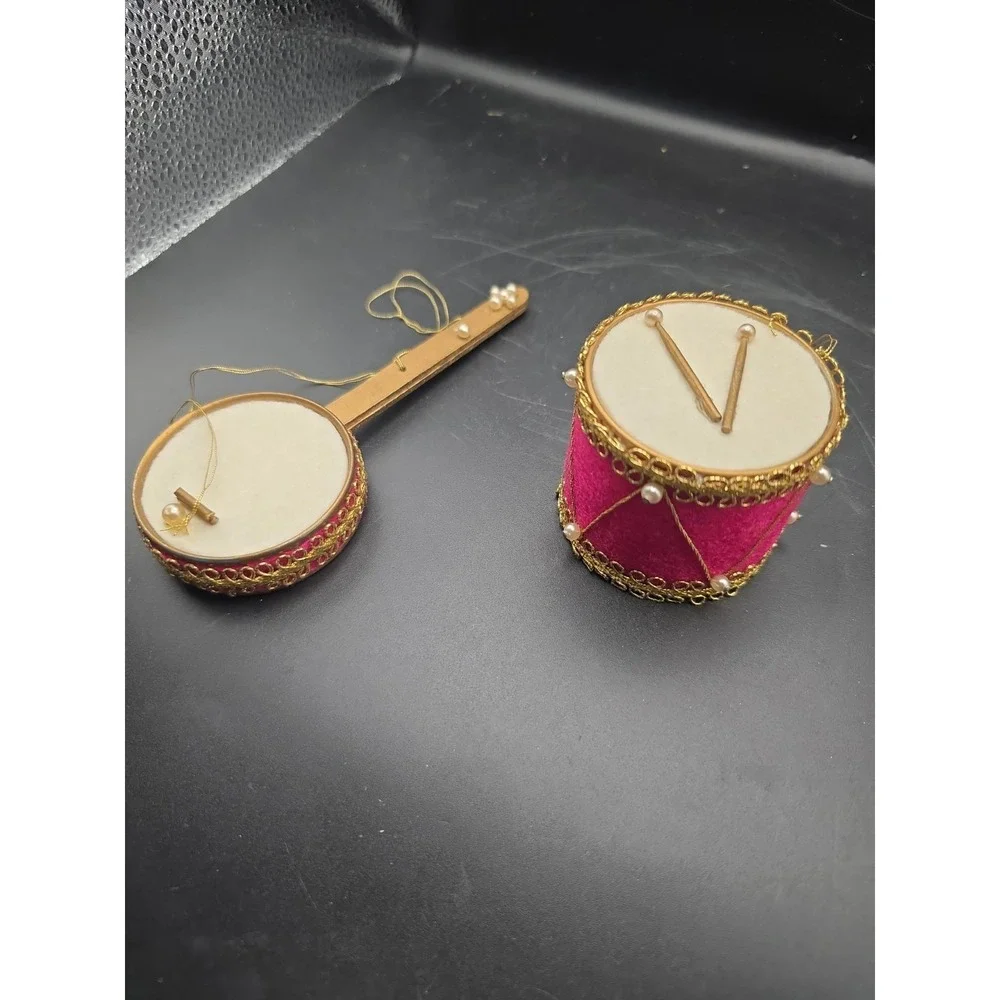 Vintage Handmade Felted Drum Christmas Tree Ornaments Pink  Set of 2 RETRO